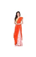 Desh Bidesh Women`s Bengal Handloom Tant Soft Dhakai Jamdani Cotton Saree Whole Body Design (Orange White)
